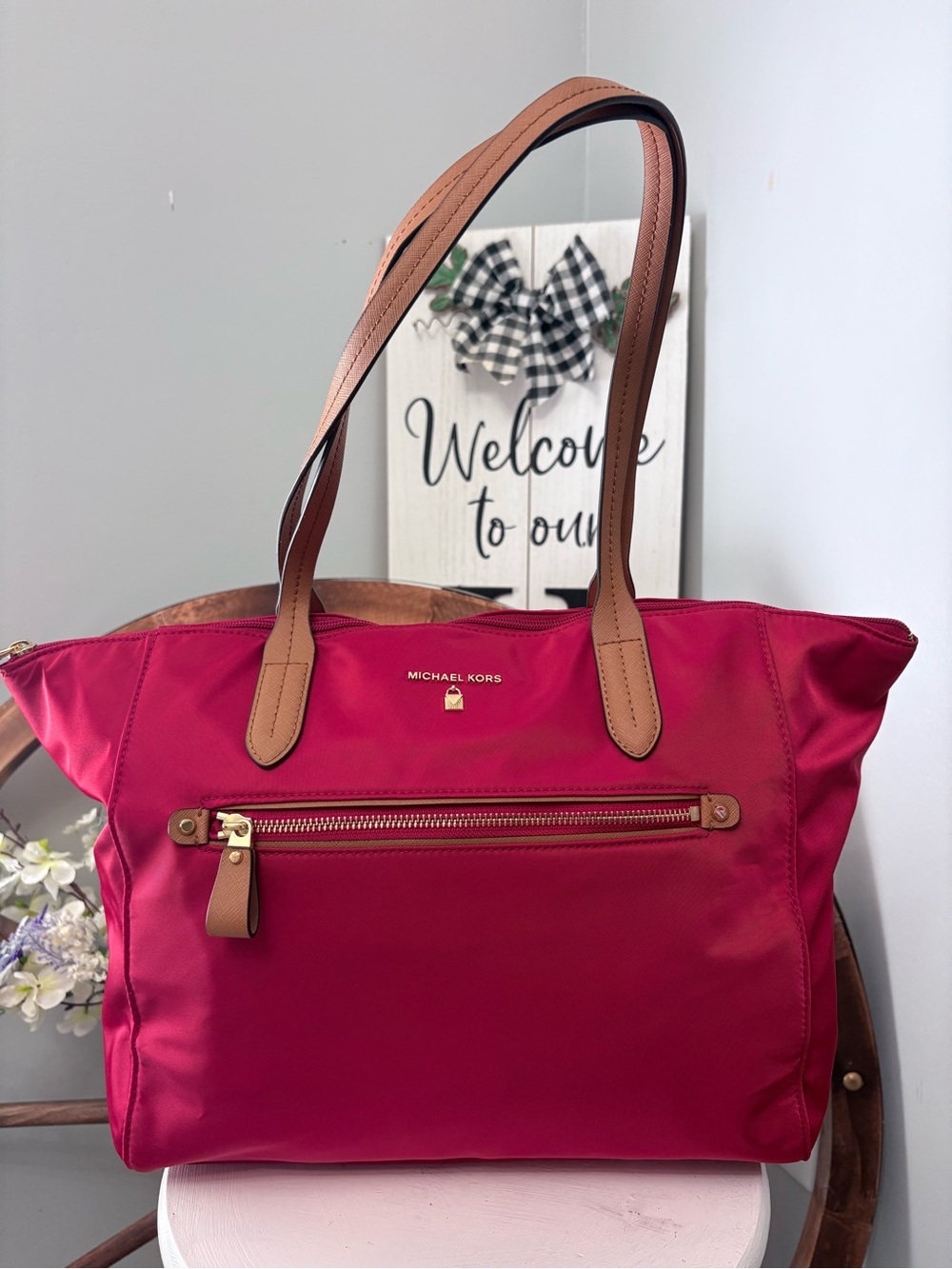 MICHAEL KORS Red Tote with Tan Leather Handles and luggage pocket NWOT